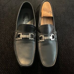 Salvatore Ferragamo Black Leather Loafers with Silver Accent